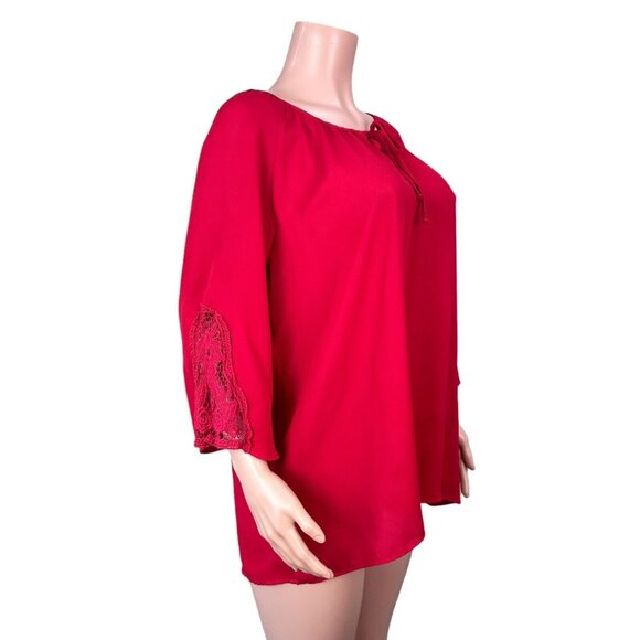 Tacera Tops - Tacera Womens SZ 1X Red Chiffon Blouse -Lace 3/4 Sleeve-Bow Tie -Round Neck